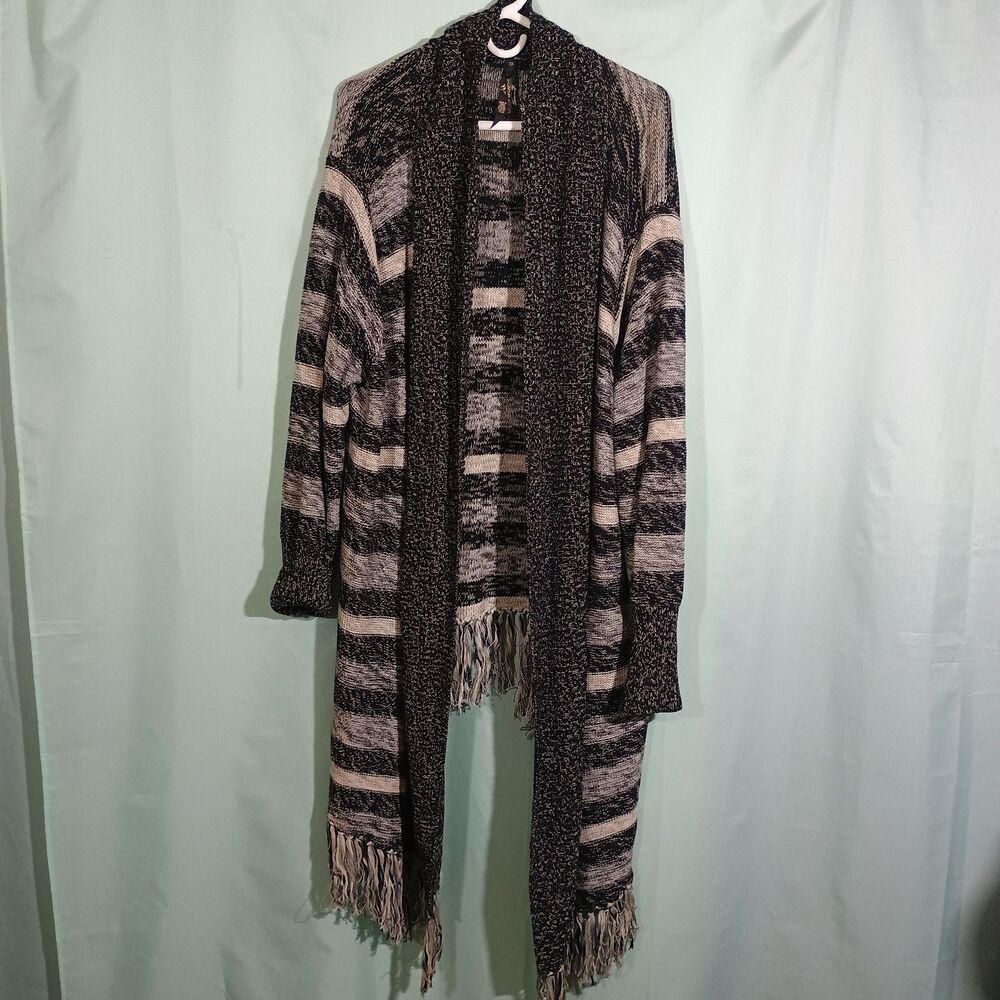 Women’s Black Gray Striped Knit Cardigan – Fringe Open Front Sweater
